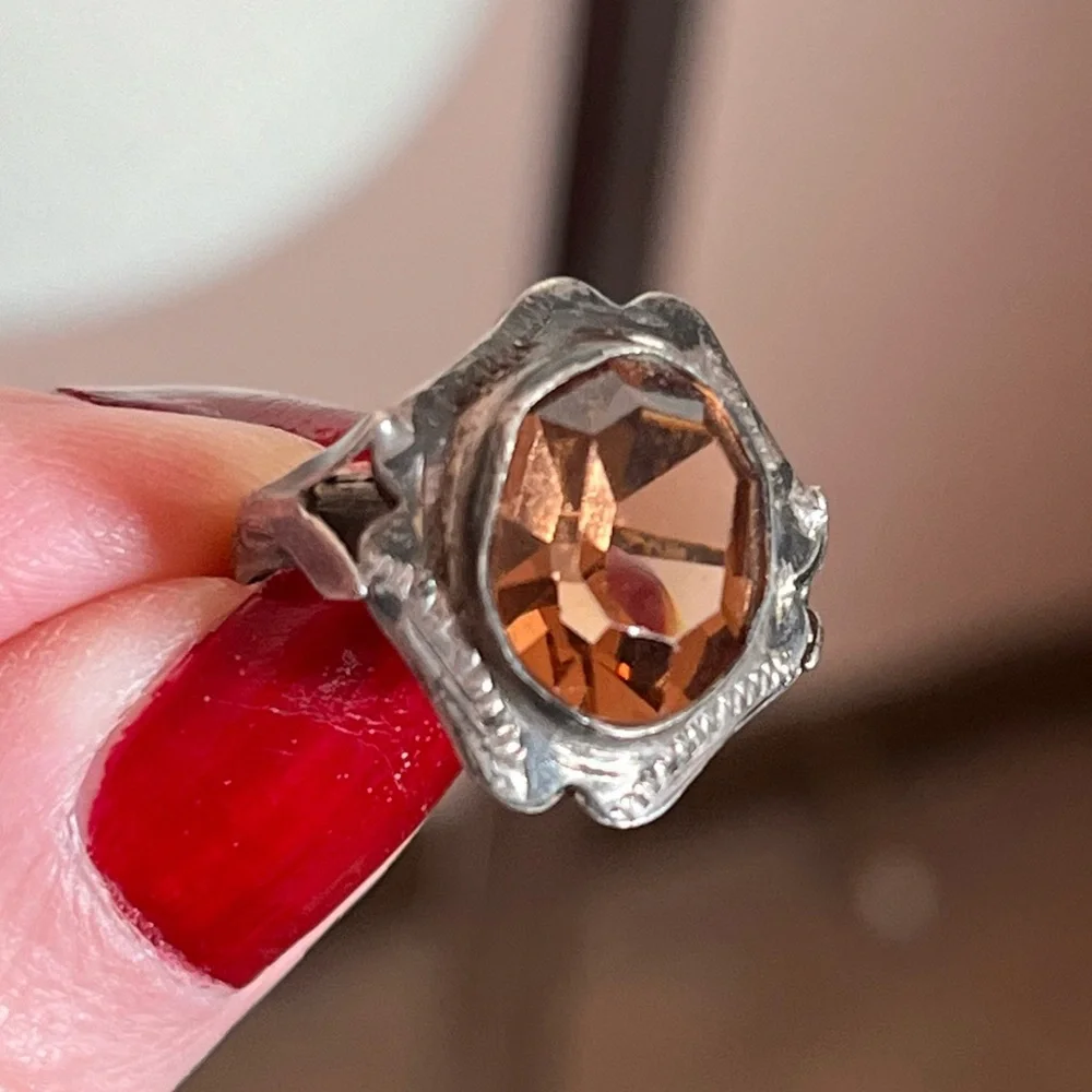 Antique Art Deco 1920’s Sterling Silver pink brown Glass Victorian Signet Ring - Picture 9 of 17